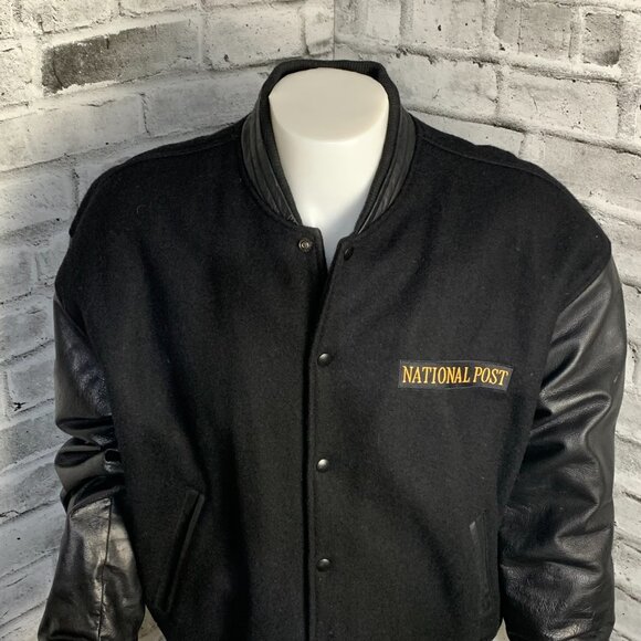 Vintage Varsity Bomber Jacket Mens L Black Wool Leather Letterman National Post - Picture 2 of 15